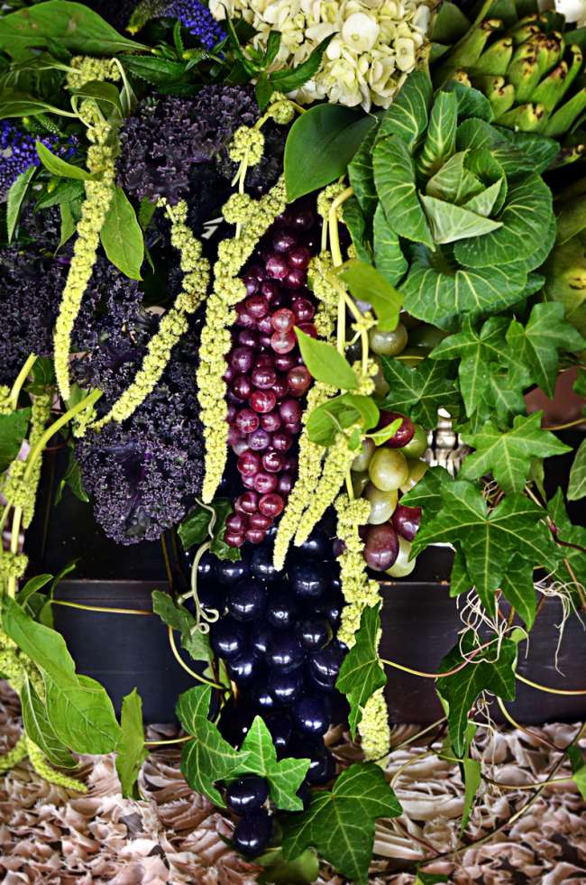 Centerpiece of Lush Greens, Grapes, Kale & Hydrangea
