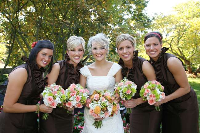 Bride & Bridesmaids in Chocolate Brown Dresses With Ruffled Necklines