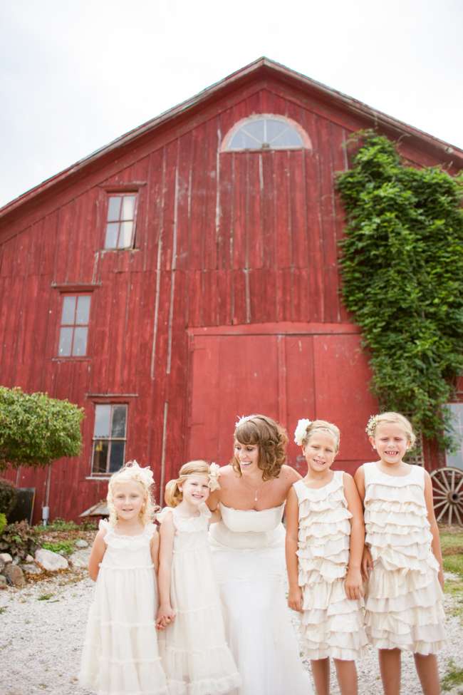 Bride & Her Four Flowergirls in Front of a Barn