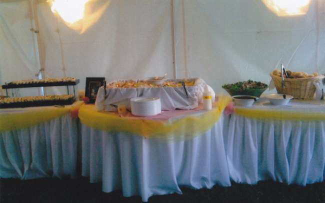 Outdoor buffet line with a spring color theme