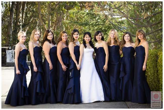 Bride With Bridesmaids in Floor-Length, Strapless Gowns