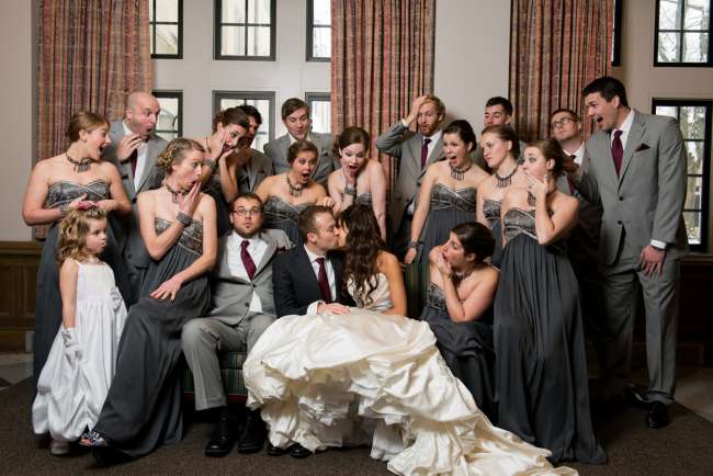 Wedding Party Reacting to Bride & Groom Kissing