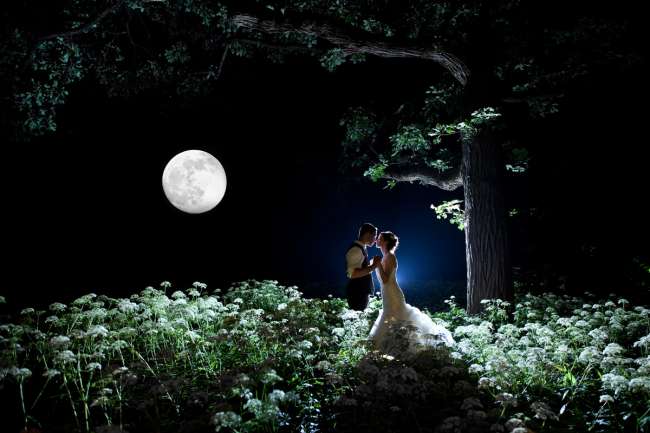 Bride & Groom in a Field of Queen Anne's Lace Under the Moonlight