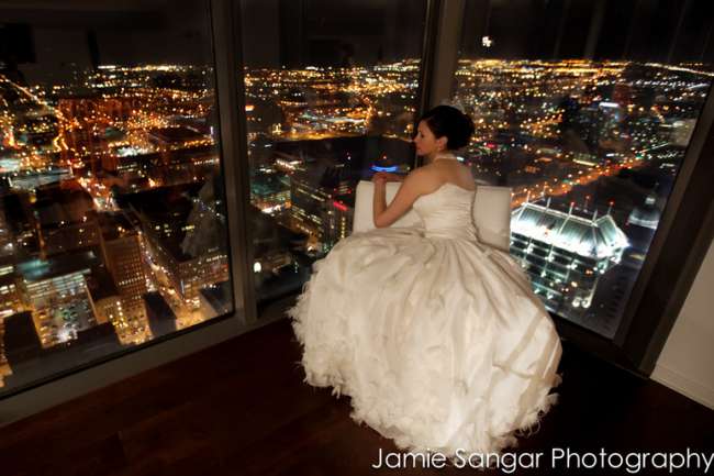 A Bride and the Night Skyline