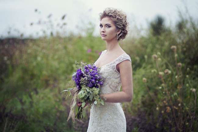 Bride with Natural Updo & Purple Bouquet