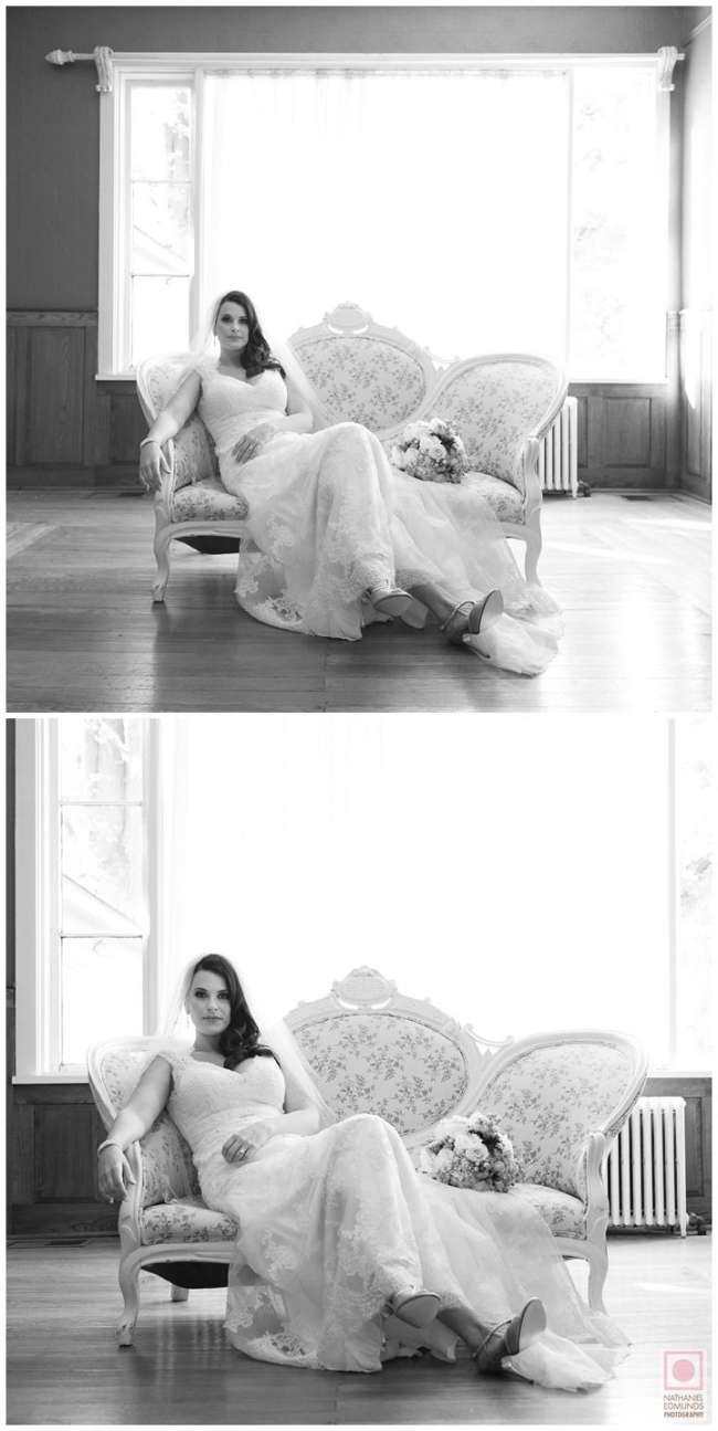 Bride Sitting on Vintage Couch