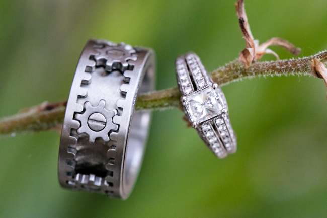 Groom's Unconventional Wedding Band With Bride's Classic Diamond Ring