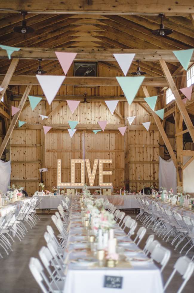 Barn Decorated With Pastels & Lighted "LOVE" Sign