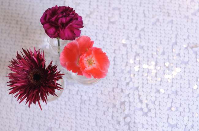 Magenta & Coral Flowers on Sequined Linen