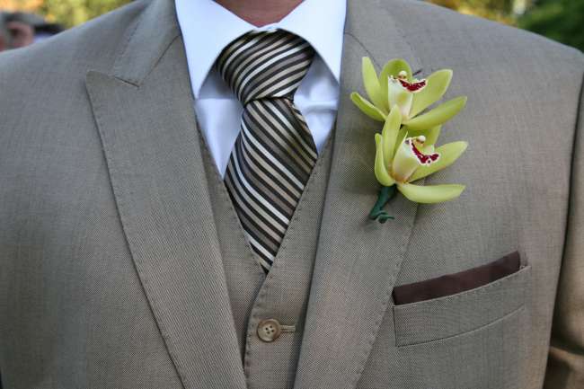 Striped Tie in Various Browns & Golds With Green Boutonniere