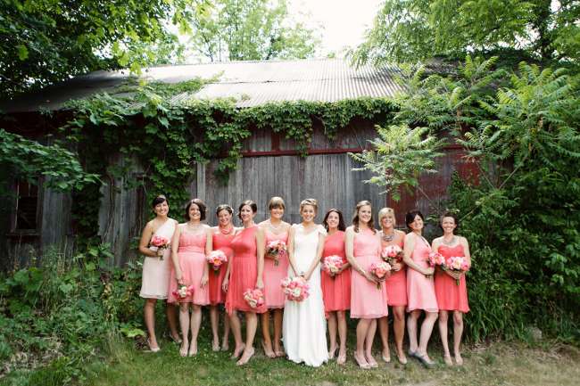 Bride & Bridesmaids in Mismatched Pink & Coral Dresses