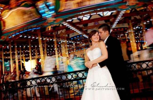 Bride & Groom in Front of Carousel at Shadowland Ballroom