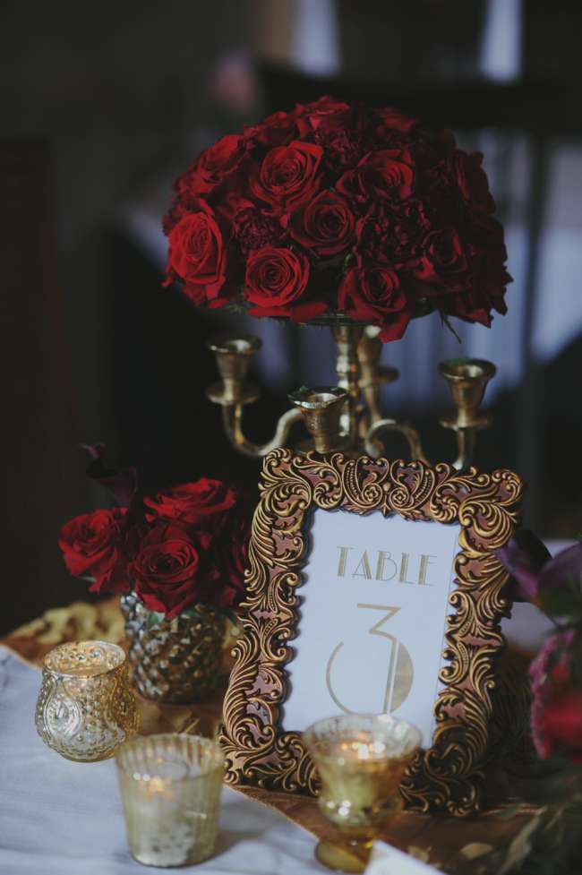 Gold Table Number With Red Roses