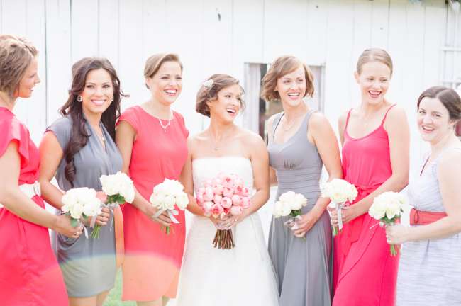 Bride With Bridesmaids in Mismatched Gray & Coral Dresses