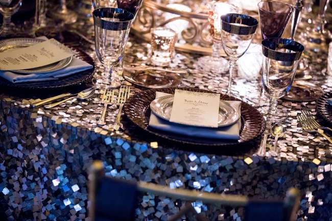Beautiful Table Setting on Sequined Tablecloth
