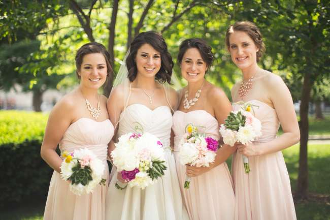 Bride With Bridesmaids in Blush Gowns 