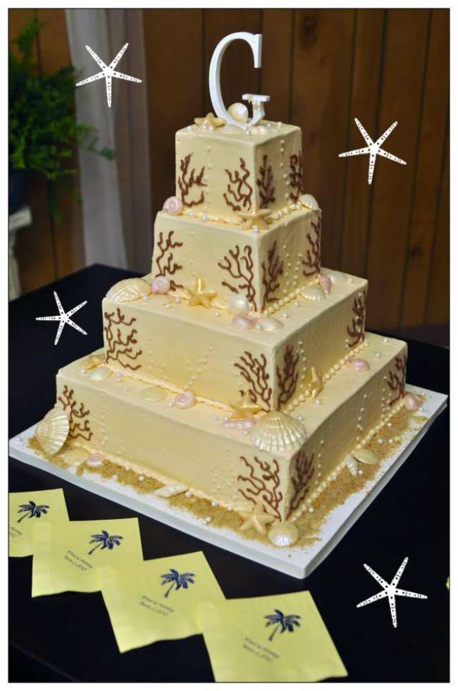 A beach-themed wedding cake