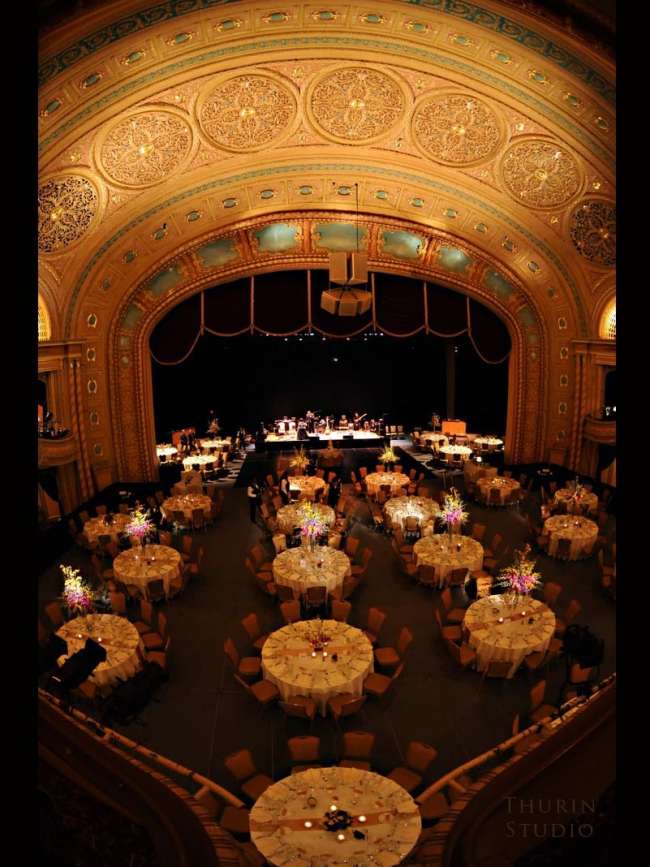 Wedding Reception at historic Morris Performing Arts Center with platforming over theater seats