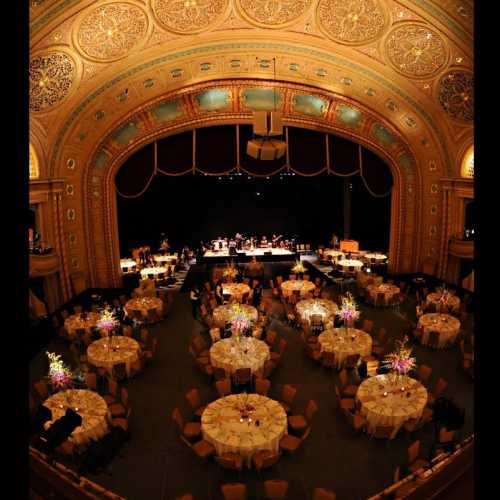 Wedding Reception at historic Morris Performing Arts Center with platforming over theater seats