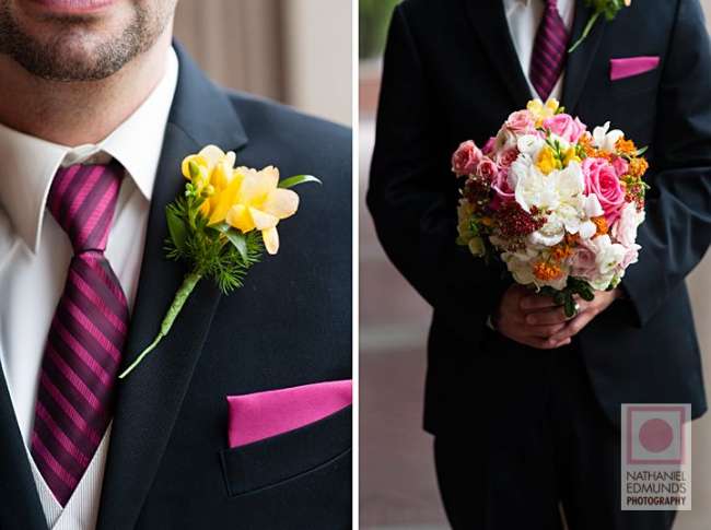Groom with colorful flowers