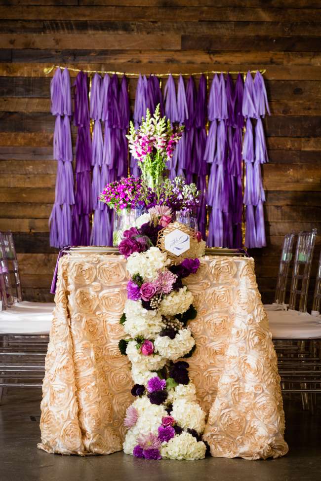 Purple & Ivory Florals on Reception Table