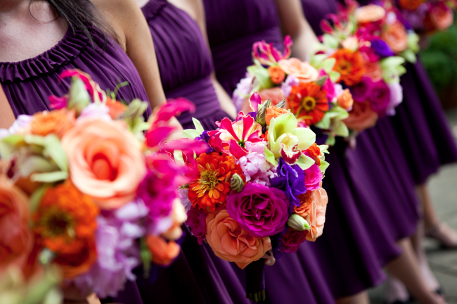 Vibrant bridesmaids' bouquets