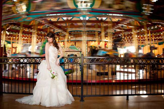 Bride Standing by Carousel at Shadowland Ballroom