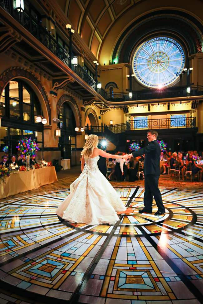 First Dance in Front of Stained Glass & Popping Floral