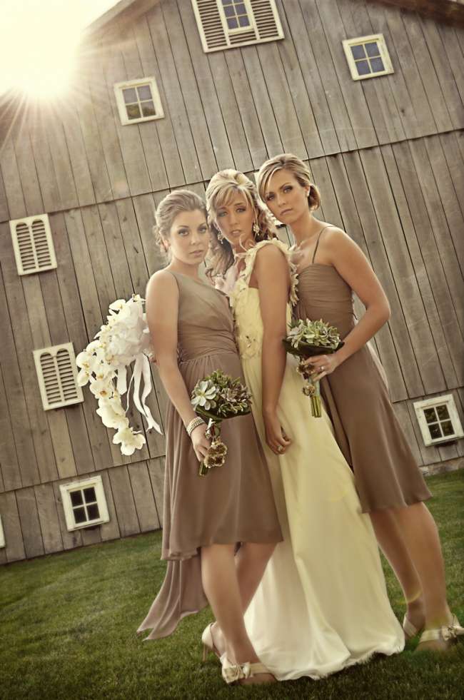 Bride & Bridesmaids in Front of Barn