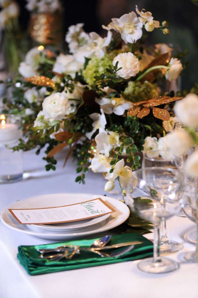 White, Gold & Green Tablescape